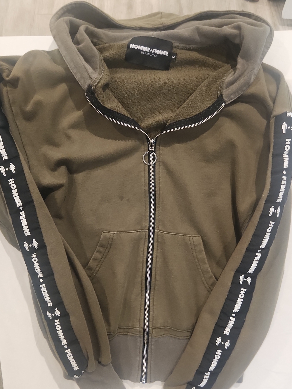 Homme+Femme Olive Zip-Up Hoodie with Branded Sleeve Tape